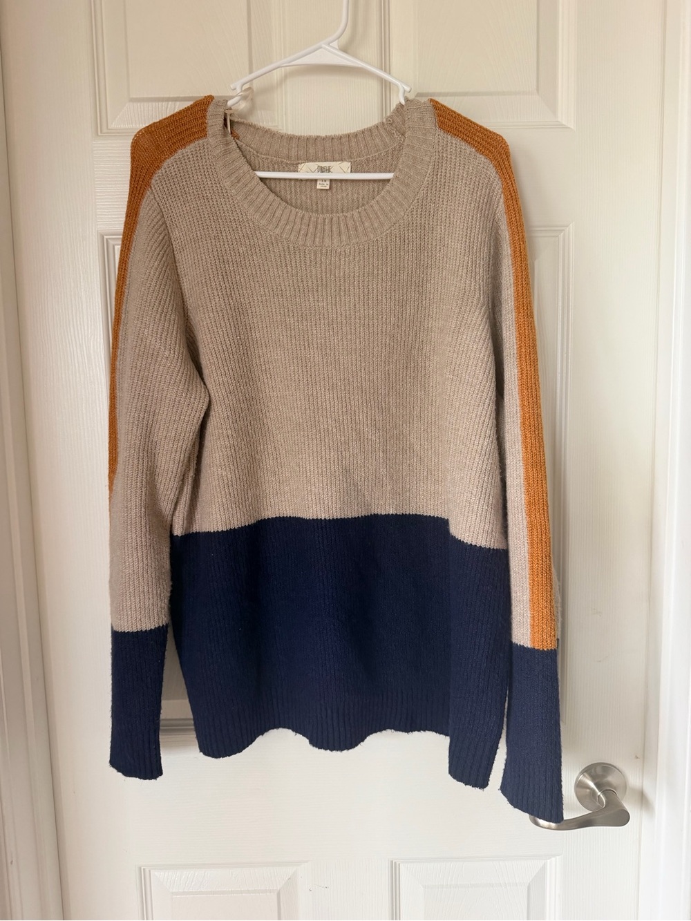 Colorblock Crewneck Sweater in Beige, Navy & Rust Stripe